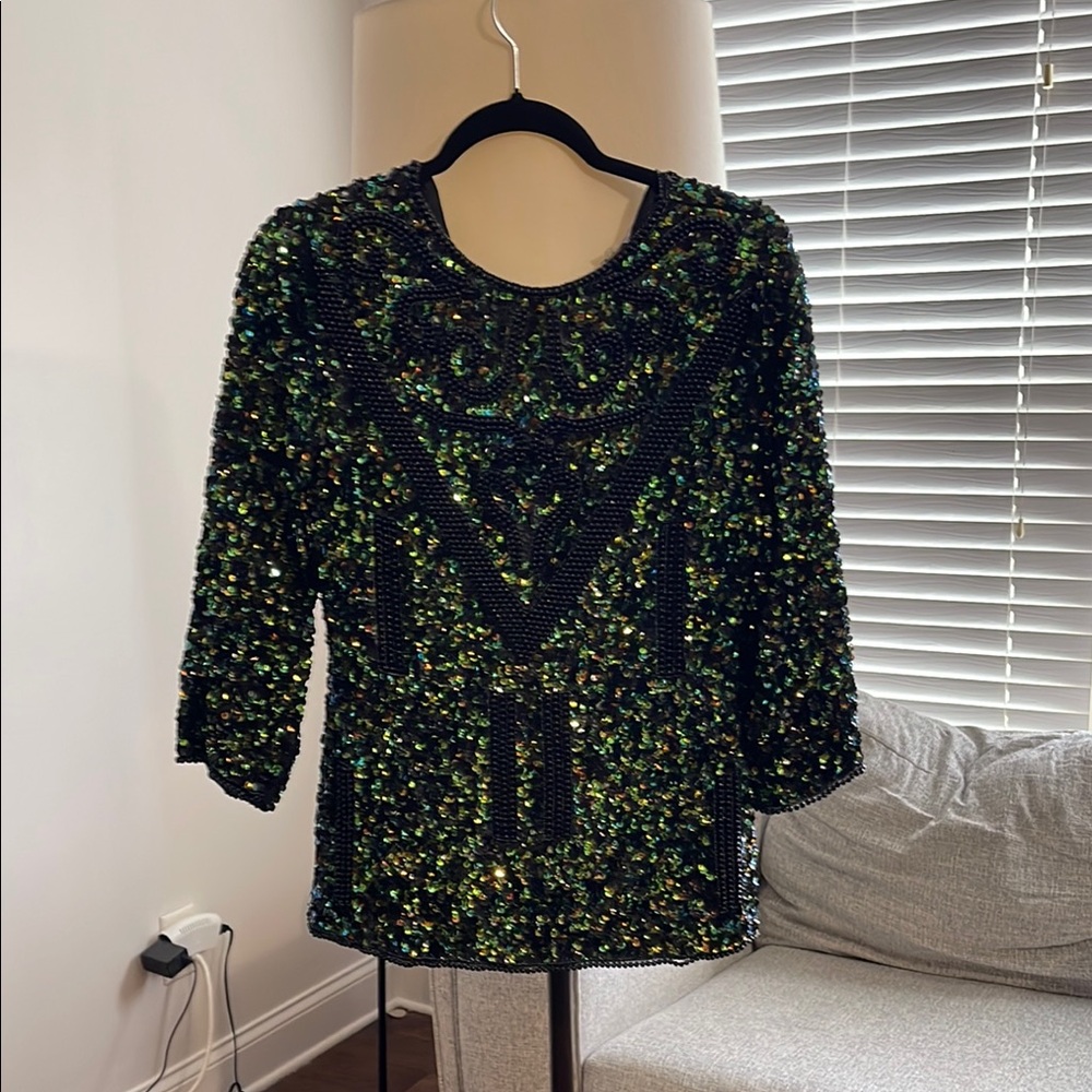 VINTAGE Yellow and Green Sequin 3/4 Sleeve Blouse